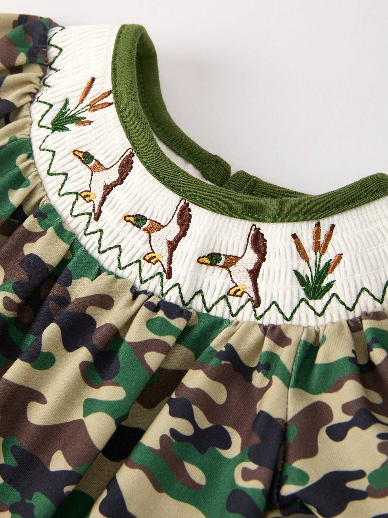 Camouflage Duck Smocking Embroidery Girls Romper